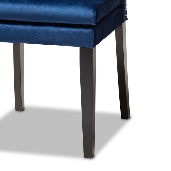 Baxton Studio Baxton Dylin 7-Piece Navy Blue Velvet Dining Set with Button-Tufted Chairs and Dark Brown Wood Finish BBT5158-Navy Blue/Dark Brown-7PC Dining Set