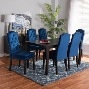 Baxton Studio Baxton Dylin 7-Piece Navy Blue Velvet Dining Set with Button-Tufted Chairs and Dark Brown Wood Finish BBT5158-Navy Blue/Dark Brown-7PC Dining Set