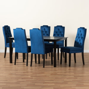 Baxton Studio Baxton Dylin 7-Piece Navy Blue Velvet Dining Set with Button-Tufted Chairs and Dark Brown Wood Finish BBT5158-Navy Blue/Dark Brown-7PC Dining Set