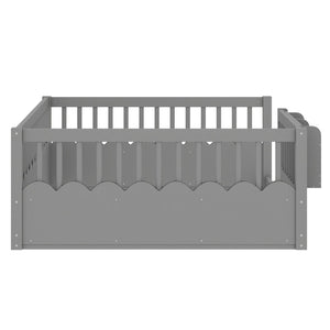 English Elm Twin Low Profile Kids Floor Bed Pine Wood Frame with Safety Rail and Built in Bookshelf Gray W1580P373140