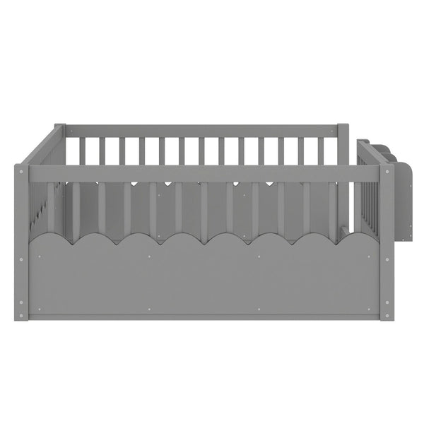 English Elm Twin Low Profile Kids Floor Bed Pine Wood Frame with Safety Rail and Built in Bookshelf Gray W1580P373140