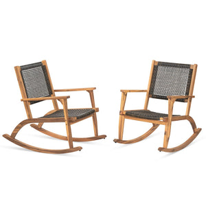 English Elm Go Acacia Wood Outdoor Rocking Chair Set Two Pe Wicker Seats for Patio Porch Dark Brown N704P245214D
