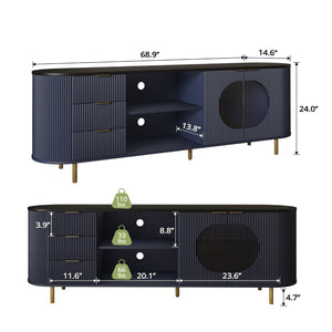 English Elm 65 Inch Fluted Media Console with Marble Look Top Gold Hardware Natural Finish Blue T5618P448227