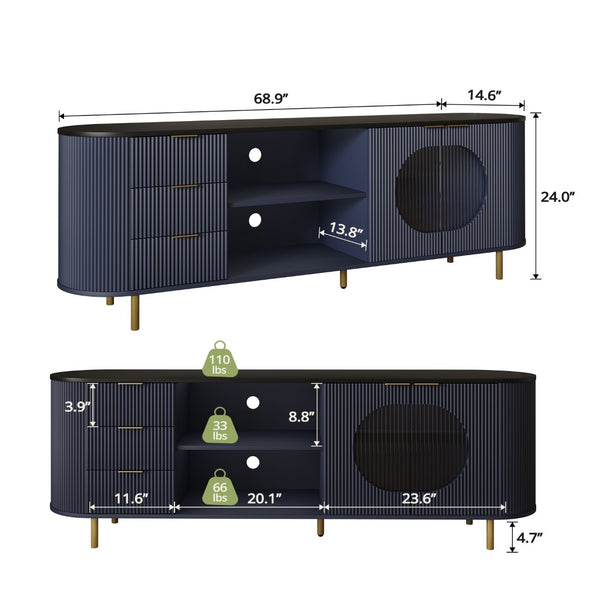 English Elm 65 Inch Fluted Media Console with Marble Look Top Gold Hardware Natural Finish Blue T5618P448227