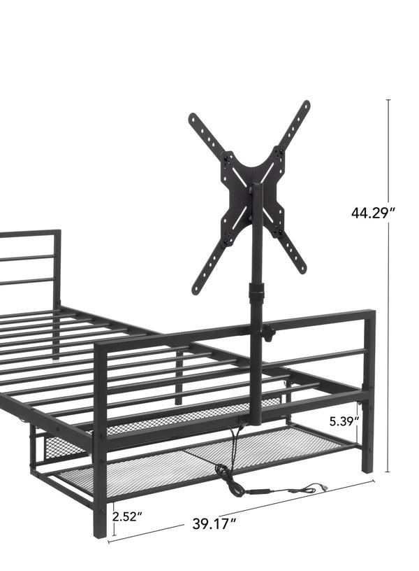 English Elm Twin Gaming Platform Bed Iron Frame with Rotating Tv Mount Led Strips Console Storage W688P237948
