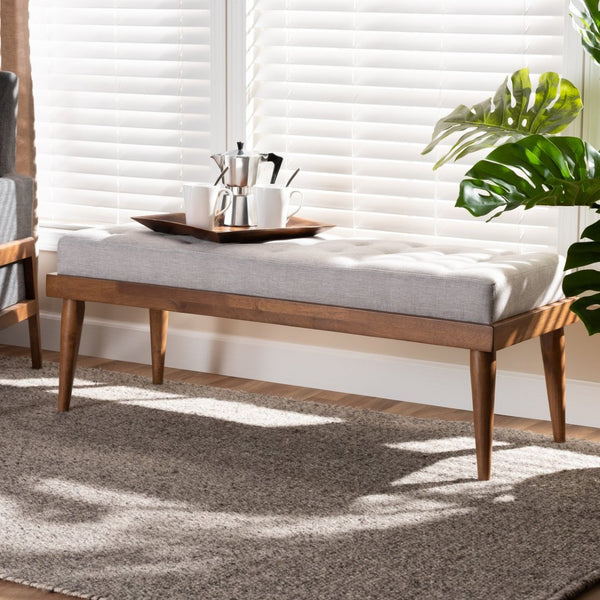 Baxton Studio Baxton Linus Mid-Century Modern Greyish Beige Upholstered Bench with Button Tufting & Walnut Legs BBT5363-Greyish Beige-Bench