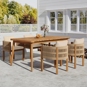 English Elm Christopher Knight Home® - Outdoor Dining Set with Acacia Wood Frames, 63" Slatted Table & 4 Chairs with Waterproof Washable Cushions Beige,Brown,Teak N779P269291N_N779P279983B-2