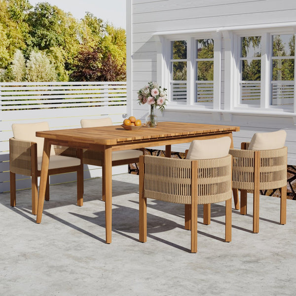 English Elm Christopher Knight Home® - Outdoor Dining Set with Acacia Wood Frames, 63" Slatted Table & 4 Chairs with Waterproof Washable Cushions Beige,Brown,Teak N779P269291N_N779P279983B-2
