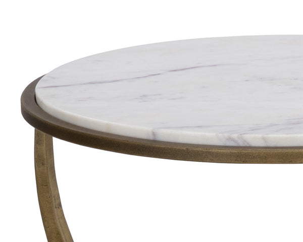 Sunpan Alicent End Table - Stunning Round Marble Top with Antique Brass Iron Base, Handcrafted Elegance White Marble