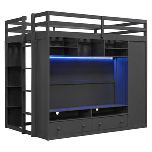 English Elm Full Size Loft Bed with Led Lighting Wardrobe Drawers and Shelves for Teen Rooms Gray LT000499AAE