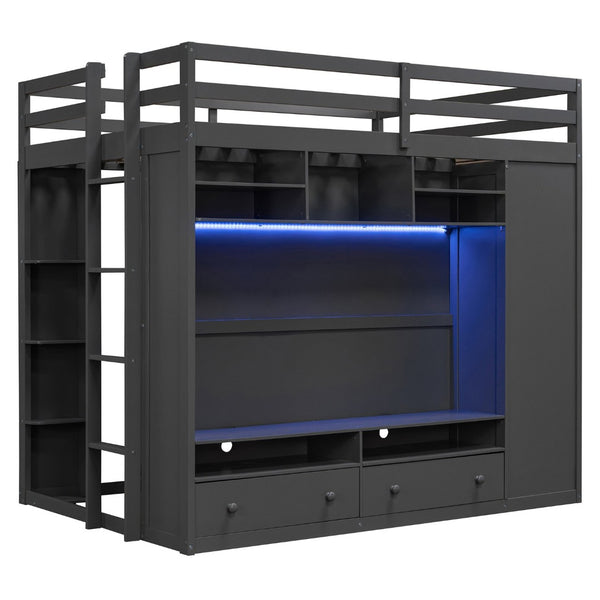 English Elm Full Size Loft Bed with Led Lighting Wardrobe Drawers and Shelves for Teen Rooms Gray LT000499AAE