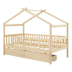 English Elm Twin House Bed Pine Wood Frame with Storage Drawers Kids Bedroom Playful Design Natural WF302181AAN