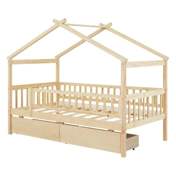 English Elm Twin House Bed Pine Wood Frame with Storage Drawers Kids Bedroom Playful Design Natural WF302181AAN