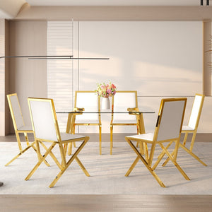 English Elm Table Set Oval Tempered Glass Top with Six Shell Back Pu Chairs Modern Dining Room Transparent,White+Gold W1151S04793