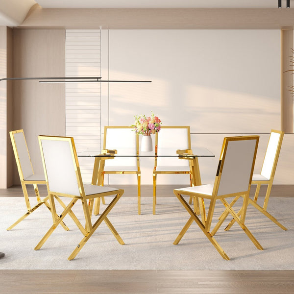 English Elm Table Set Oval Tempered Glass Top with Six Shell Back Pu Chairs Modern Dining Room Transparent,White+Gold W1151S04793