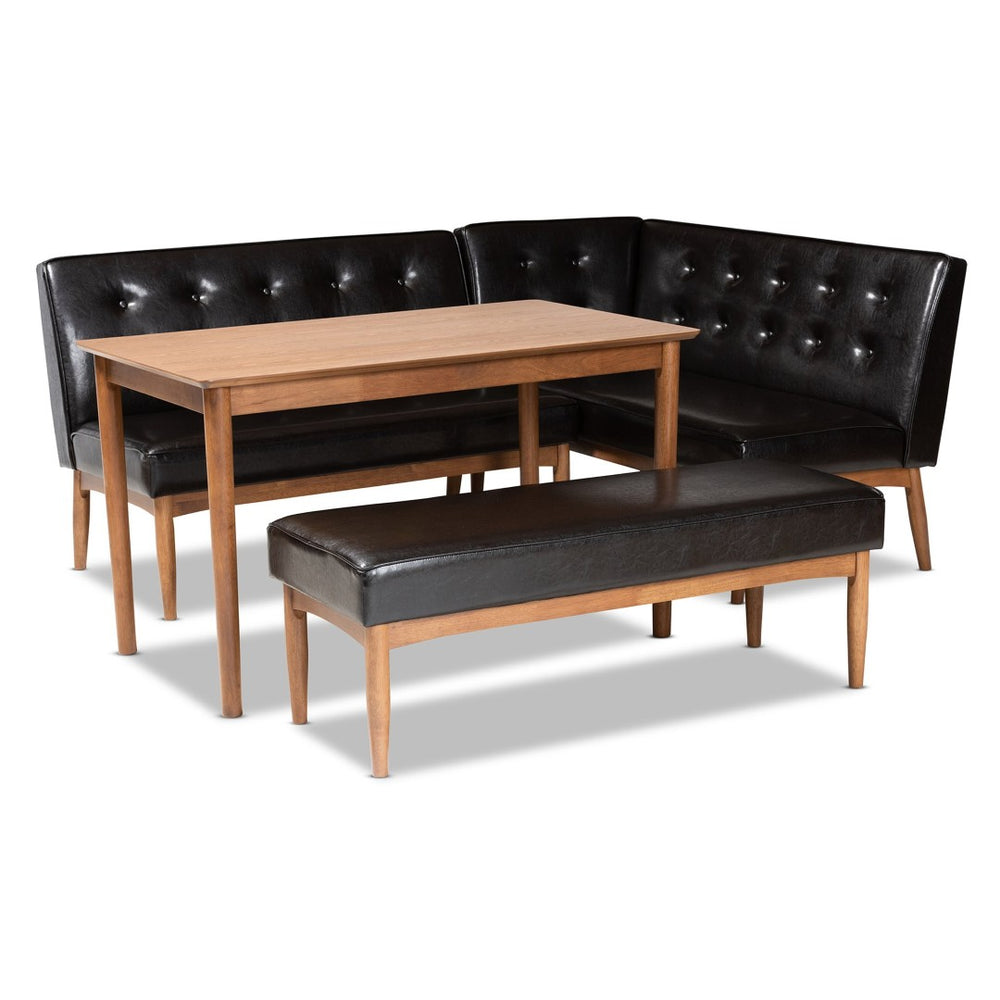 Baxton Studio Baxton Studio Arvid Mid-Century Modern Dark Brown Faux Leather Upholstered Dining Nook Set 4-Piece BBT8051-Dark Brown/Walnut-4PC Dining Nook Set