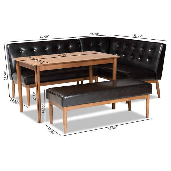 Baxton Studio Baxton Studio Arvid Mid-Century Modern Dark Brown Faux Leather Upholstered Dining Nook Set 4-Piece BBT8051-Dark Brown/Walnut-4PC Dining Nook Set