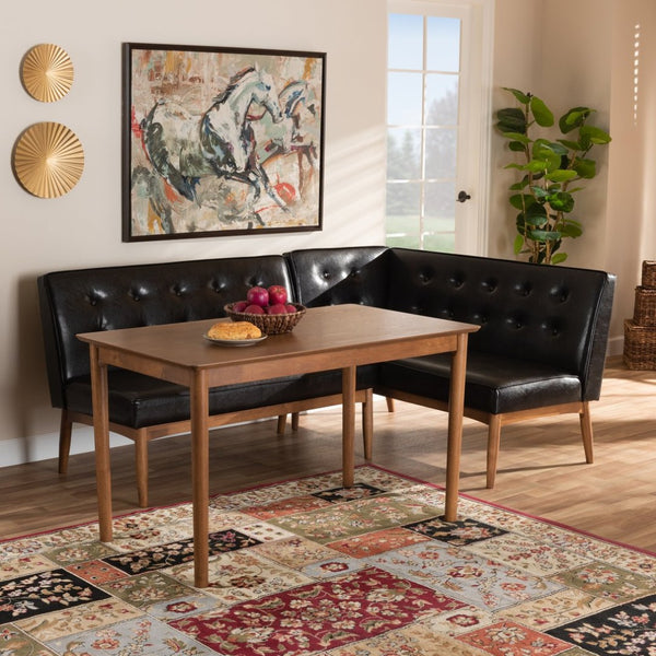 Baxton Studio Baxton Studio Arvid Mid-Century Modern Dark Brown Faux Leather Upholstered Dining Nook Set 3-Piece BBT8051-Dark Brown/Walnut-3PC Dining Nook Set
