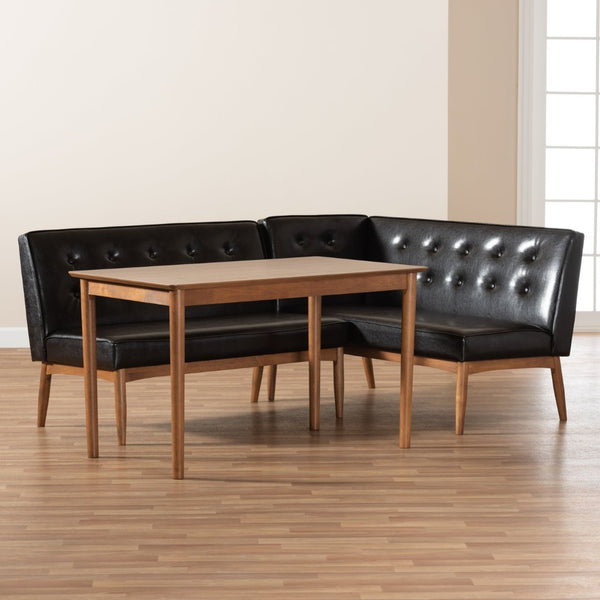 Baxton Studio Baxton Studio Arvid Mid-Century Modern Dark Brown Faux Leather Upholstered Dining Nook Set 3-Piece BBT8051-Dark Brown/Walnut-3PC Dining Nook Set