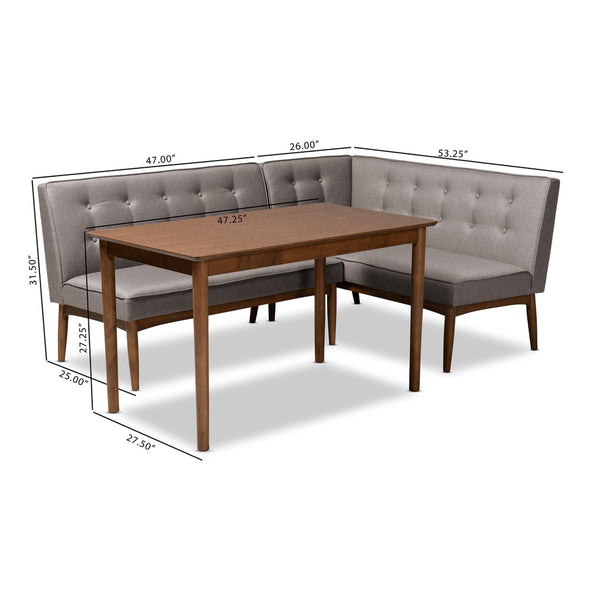 Baxton Studio Baxton Studio Mid-Century Modern Gray Upholstered Dining Nook Set for Cozy Spaces and Style 3-Piece BBT8051-Grey/Walnut-3PC Dining Nook Set