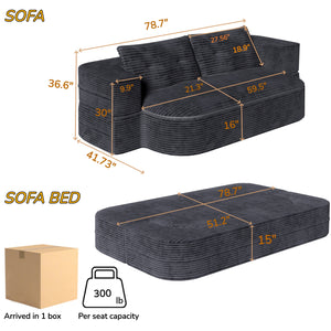 English Elm 78.7" Modern Foldable Corduroy Sofa Bed with 2 Plush Pillows, 2-in-1 Convertible Sleeper and Blanket DARK GREY W3219P317386