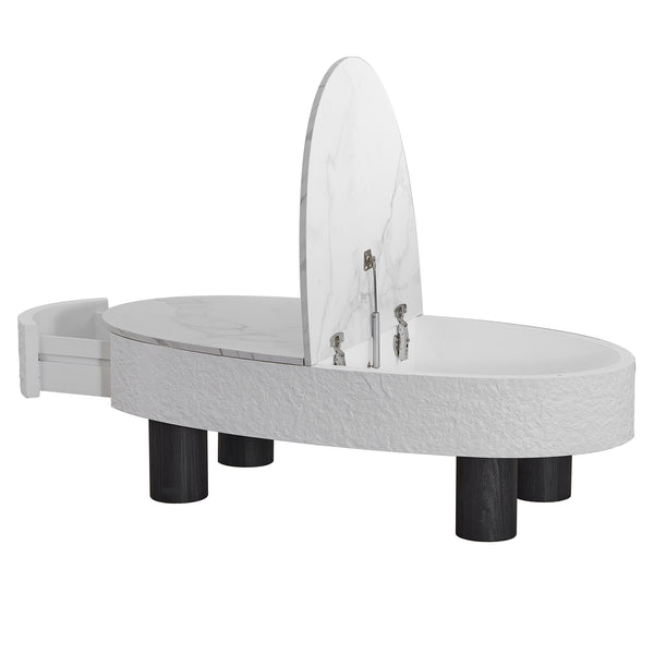 English Elm Oval Mid Century Coffee Table with Faux Marble Top, Hidden Drawer & Spacious Storage for Living Rooms W3040P382324