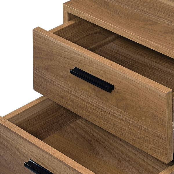 English Elm Brown Brown oak and black 2-drawer nightstand with open shelf, sleek modern accent table for storage and style B062P186504