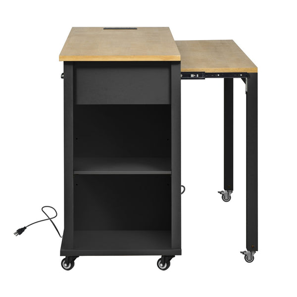 English Elm K&k Farmhouse Kitchen Island Extendable Table Rubber Wood Veneer Built-in Charging Storage Black N707S215327B