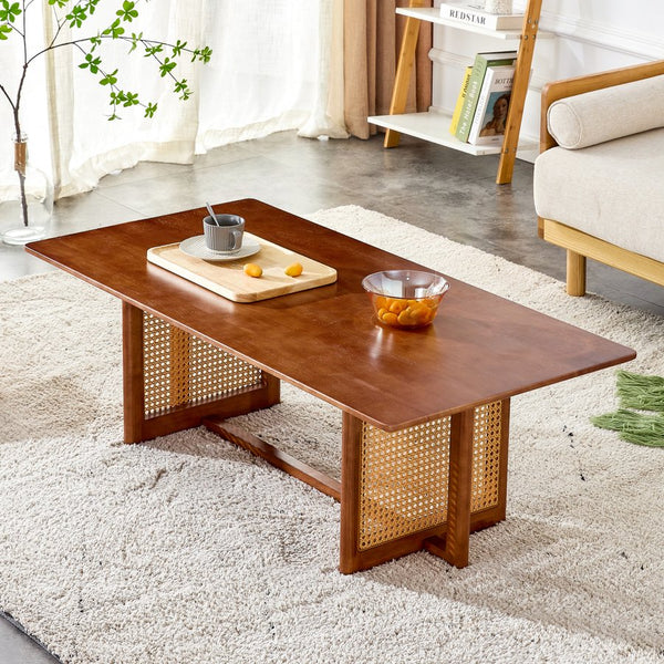 English Elm Chinese Walnut Imitation Rattan Coffee Table Rectangular Rubberwood Low Tea Table — Compact Chic, Easy Assembly, Durable Style W1512P380701