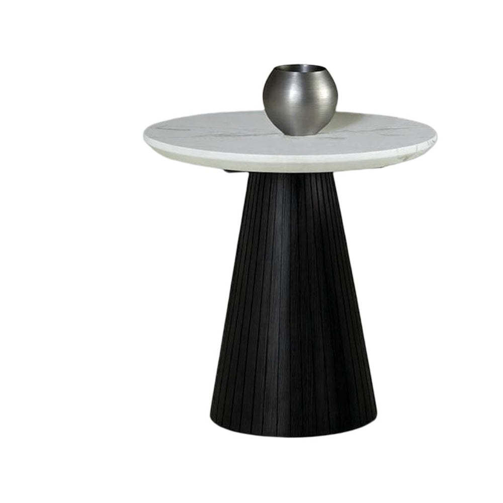 English Elm Contemporary Round End Table With Faux Marble Top And Black Reeded Base – Perfect For Any Living Space! B2741S00617