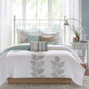 Madison Park Caelie Transitional 6 Piece Embroidered Quilt Set with Throw Pillows MP13-774 Blue