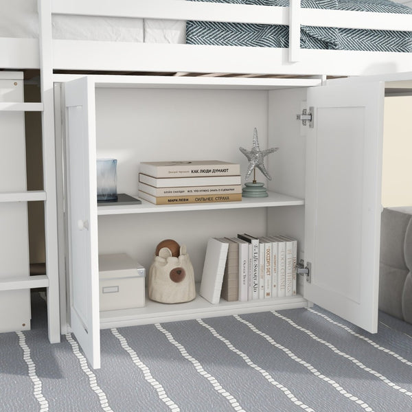 English Elm Twin Loft Bed Rubberwood Frame Pull Out Desk Storage Cabinet and Shelf Kids Room White W504S00288