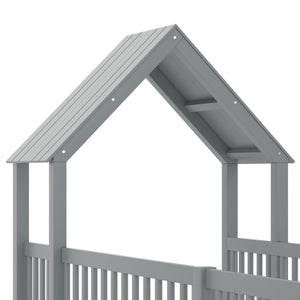 English Elm Twin House Floor Bed with Door and Full-Length Guardrails, Solid Wood Double Twin Floor Bed for Kids' Playful Rooms Grey W1580P354638