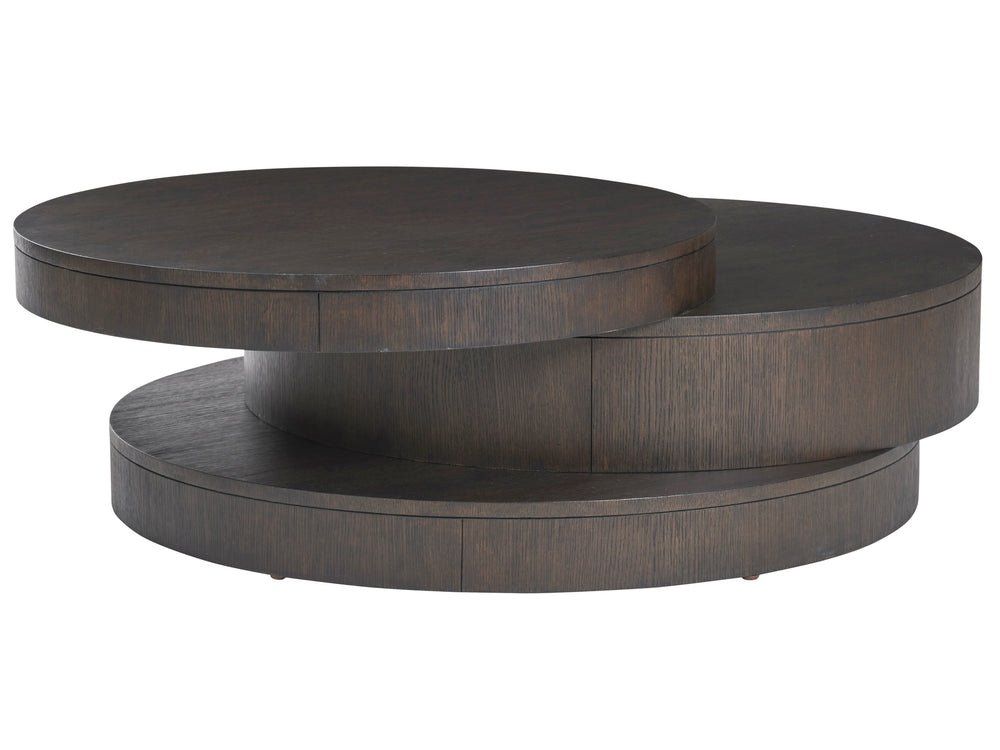 Lexington Barclay Butera Mountaineer Asymmetrical Round Cocktail Table With Elegant Oak Finish And Hidden Storage Drawer Canyon  930-941