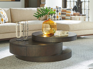 Lexington Barclay Butera Mountaineer Asymmetrical Round Cocktail Table With Elegant Oak Finish And Hidden Storage Drawer Canyon  930-941