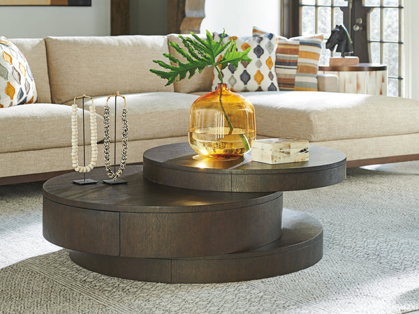 Lexington Barclay Butera Mountaineer Asymmetrical Round Cocktail Table With Elegant Oak Finish And Hidden Storage Drawer Canyon  930-941