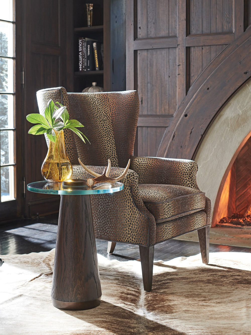 Lexington Barclay Butera Apex Stylish Glass Top Accent Table With Elegant Quartered Oak Base And Burnished Bronze Accents Canyon  930-952