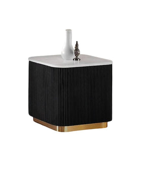 English Elm Contemporary Square End Table With Marble Top, Gold Accents & Black Plinth Base For Modern Spaces B2741P395389