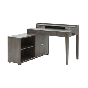 English Elm L-shaped grey workstation desk with mini hutch, reversible return, 3 drawers, sliding door credenza storage B107S00001