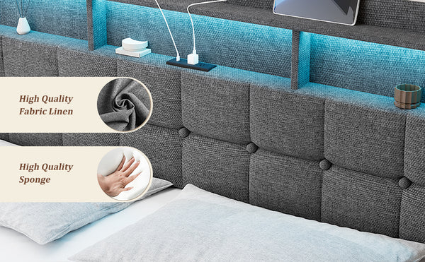 English Elm King LED Upholstered Bed Frame with Storage Headboard, 2 Drawers, Fast Charging Ports & Mood Lights W1550P190366