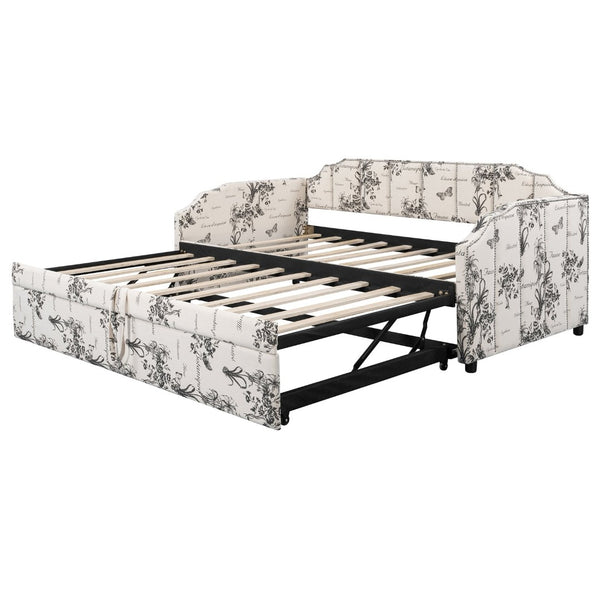 English Elm Twin Linen Upholstered Daybed with Pop up Trundle and Built in Usb Charging White Tossed Botanical SF000199AAZ