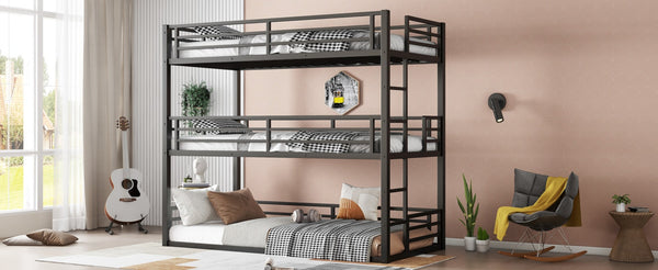 English Elm Twin Xl Triple Bunk Bed - Heavy-Duty Metal Frame With Guardrails & Noise-Reduced Design In Black W1580S00143-GIGA