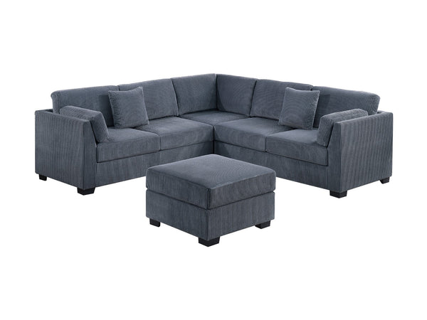 English Elm L-Sectional Corduroy 4-Piece L-Shaped Sectional Sofa Set with Ottoman, Plush Back Cushions & Throw Pillows Dark Gray 34 L x 26 W x 45 H B011S01769