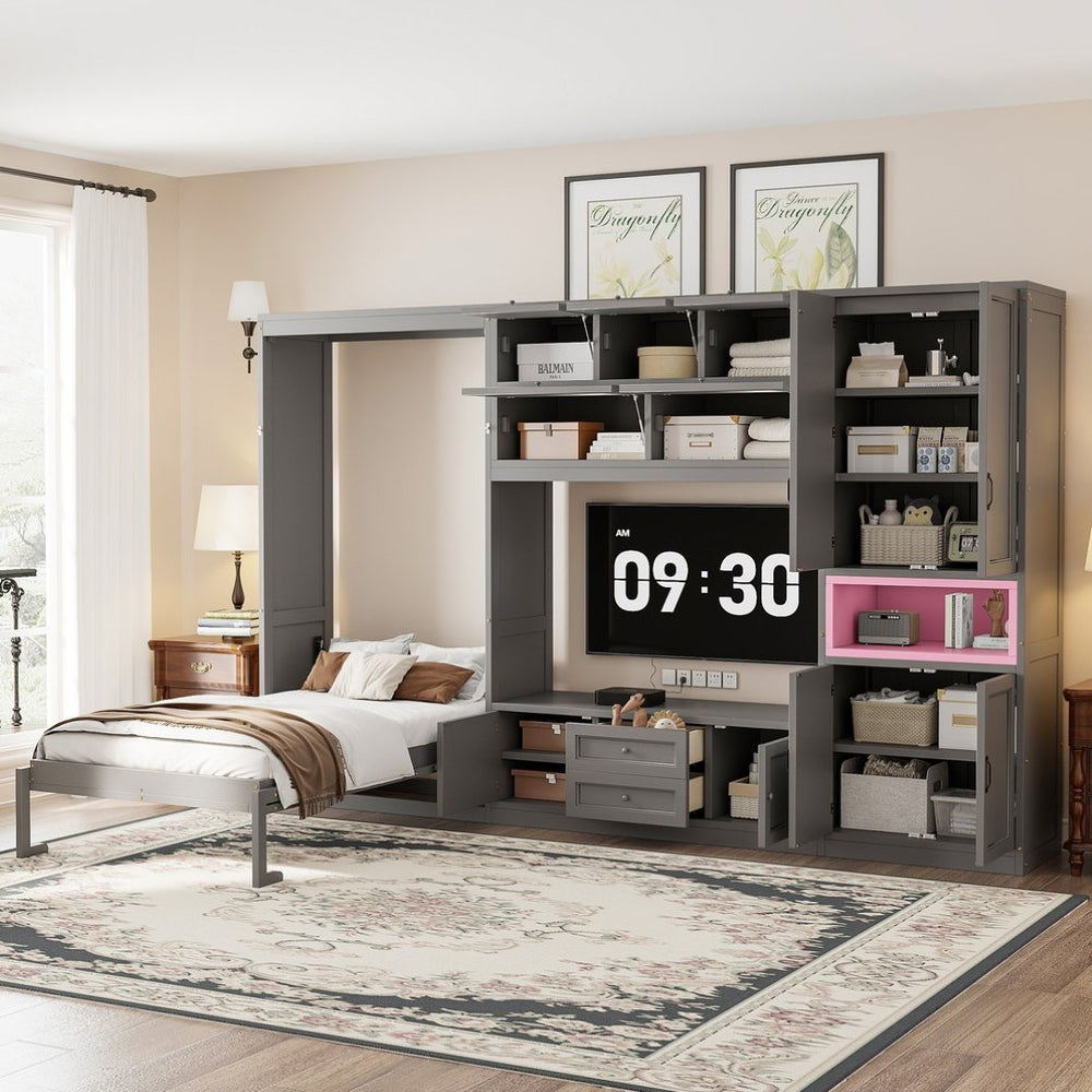 English Elm Twin Murphy Wall Bed with Integrated Tv Stand Open Shelving and Cabinet Storage LP000768AAE