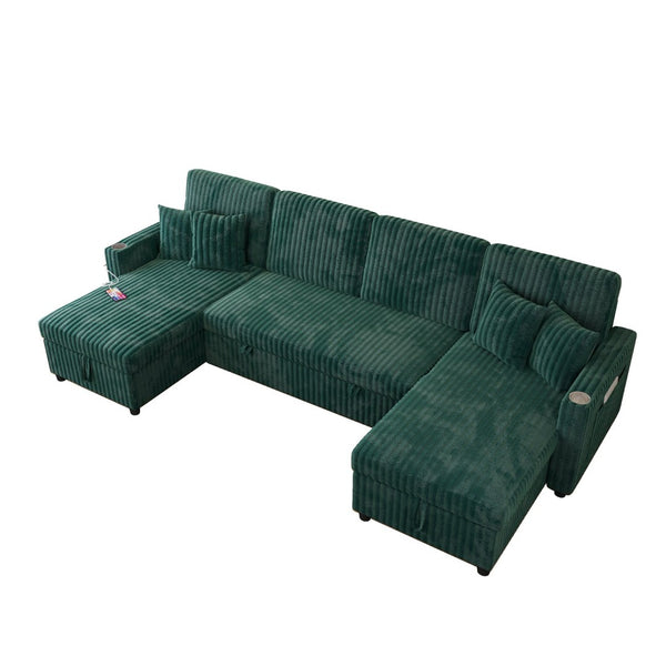 English Elm U Shaped Sectional Sleeper Sofa Corduroy Pull Out Bed with Storage Living Room W1825P501595