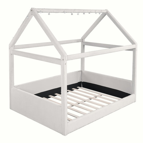 English Elm Full Size Upholstered House Daybed With Led Lighting, Cozy Beige Corduroy For Kids & Guests N7500001335A