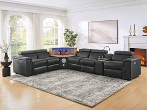 English Elm 5-seater Air Leather Power Reclining Sectional with Led Bluetooth Subwoofer and Lift Cabinet Black W1191S00121