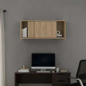 English Elm Natural Oak Floating Wall Cabinet with Sliding Door and Open Side Compartments B062P476871
