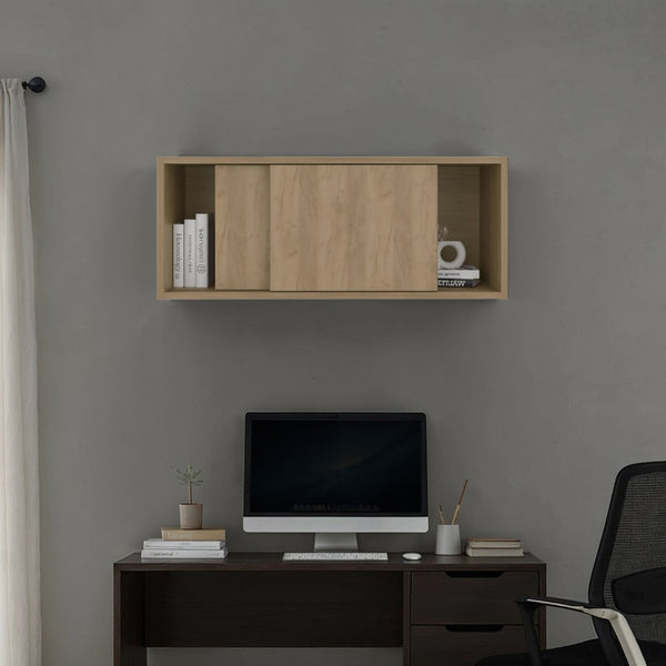 English Elm Natural Oak Floating Wall Cabinet with Sliding Door and Open Side Compartments B062P476871