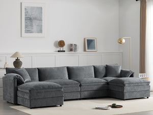 English Elm [new U-shaped Chenille Cloud Sectional 6 Seat Modular Sofa with Movable Ottoman Dark Gray N723S6546B
